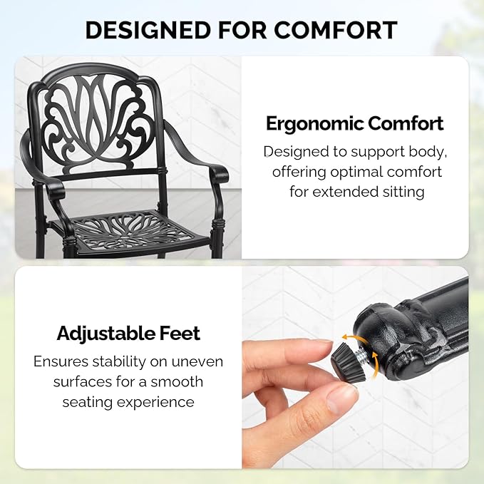 VINGLI Patio Chairs Set of 4 - Stackable Outdoor Cast Aluminum Dining Chairs with Vintage Black Finish and Floral Pattern, Metal Armchairs for Poolside, Backyard, Balcony (No Cushion)