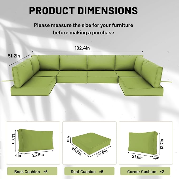 14 Piece Outdoor Sectional Cushions, Water-Resistant Outdoor Sofa Cushions Replacement, 4" High Density Foam Patio Furniture Cushions Fits 6-seat Rattan Conversation Set (Olive Green)