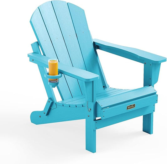 SERWALL Folding Adirondack Chair with Cup Holder Outdoor Adirondack Chairs Weather Resistant Patio Chair Fire Pit Chairs - Light Blue