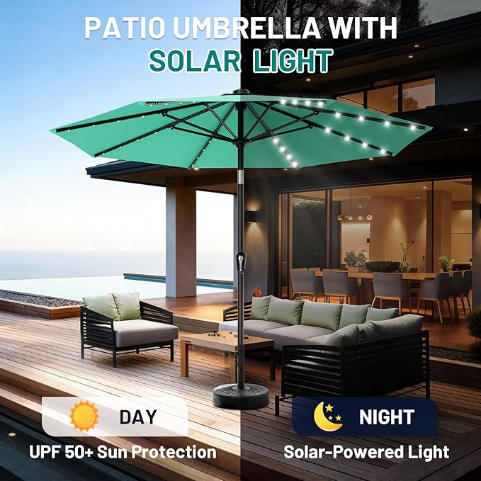 AreShark 9FT Patio Umbrella with Solar Lights, 32 LED Lighted Pool Umbrella w/Tilt and Crank, Outdoor Market Solar Umbrellas for Garden, Deck, Backyard, Pool and Beach, Cerulean