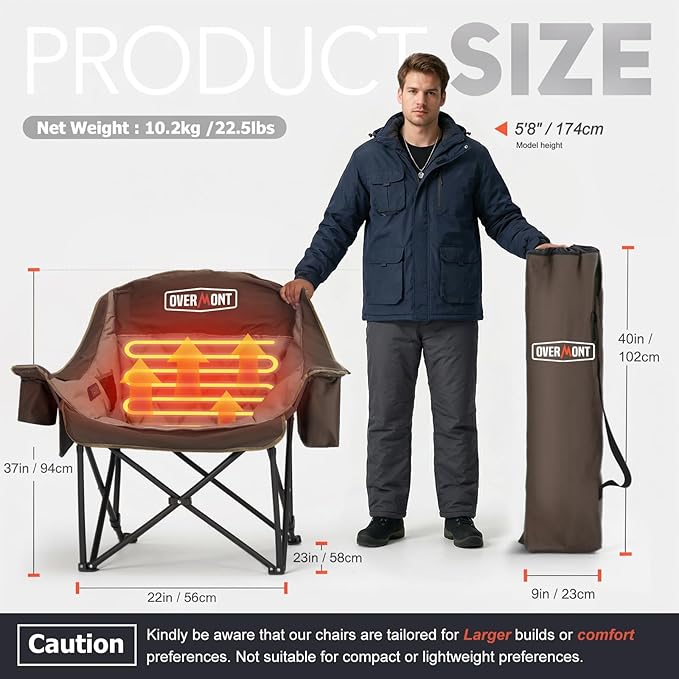 Overmont 2PCS Heated Oversized Camping Chair for Adults - 3 Heat Levels Seat & Back Separately Control - 400lbs Support Heavy Duty Padded Folding Chair Outdoor Garden Portable - Battery NOT Included