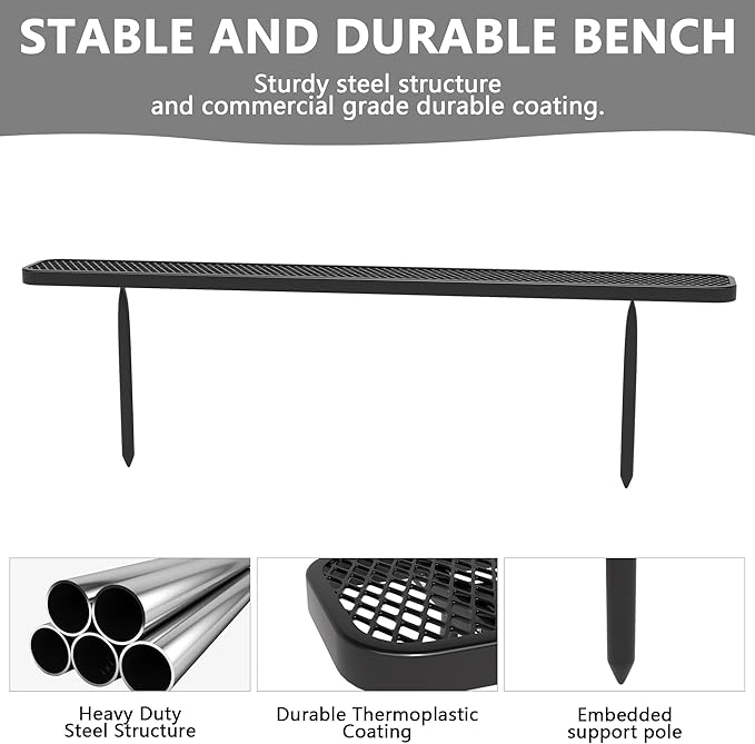 8 FT Heavy Duty Metal Park Bench for Outside, Outdoor Backless Bench with Thermoplastic Coating, Commercial Benches for Shopping Mall, Store, Park, Deck, Inground Mounted, Black