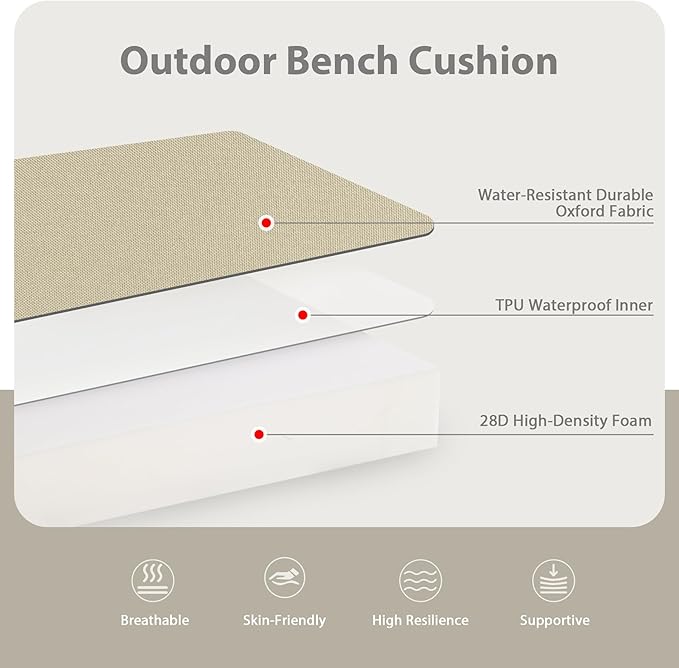 Favoyard Outdoor Bench Cushion 59 x 18 Inch Waterproof Patio Furniture Cushions 3-Year Color Fastness Garden Sofa Settee Couch Swing Pads with Handle and Adjustable Straps, Beige