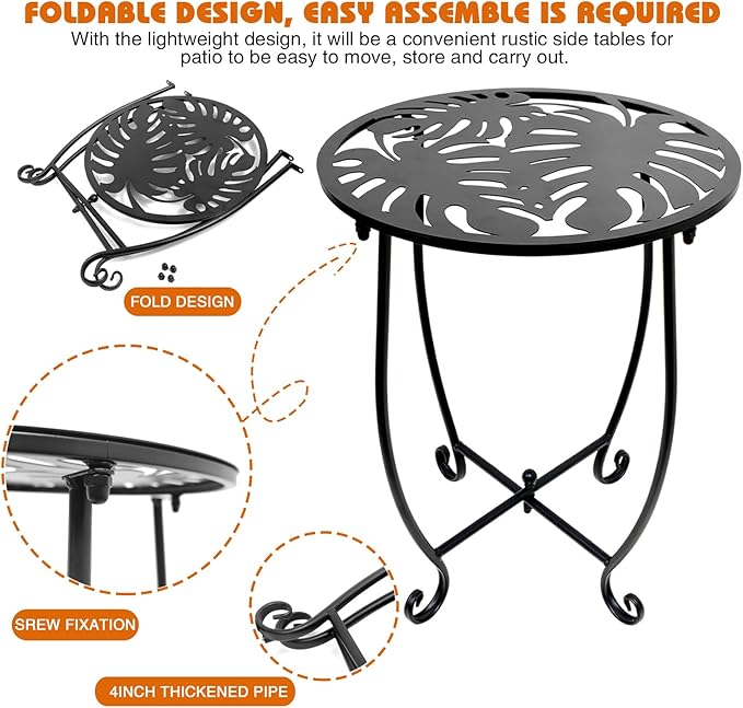 Fashion&cool 2 Pack Indoor Outdoor Side Tables, Weather Resistant Metal Patio Side Table, Small Round End Table Side Table for Patio Yard Porch Balcony Garden Bedside, Plant Stand for Indoor