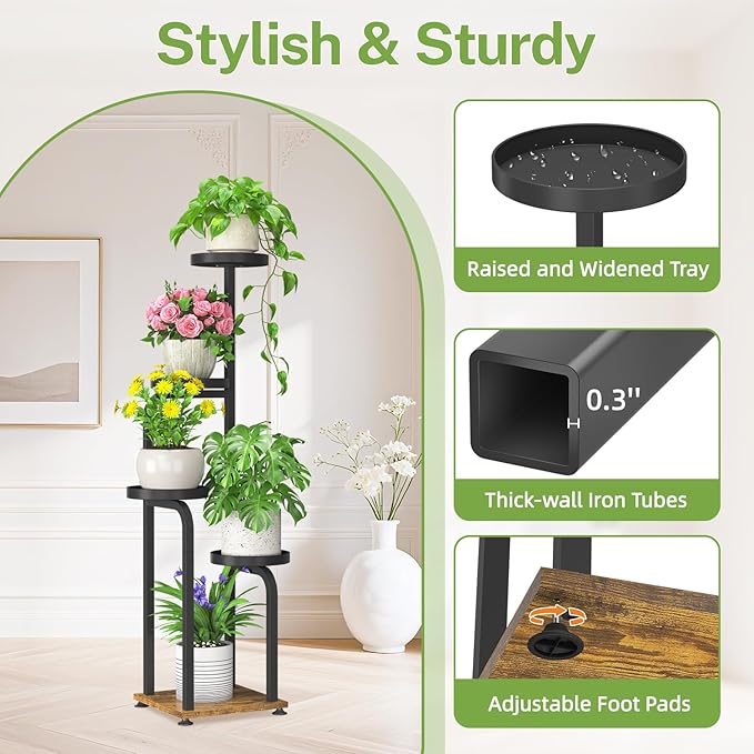 iDavosic.ly Tall Plant Stand Indoor, 4 Tier Corner Multiple Flower Holder Shelf with Metal Trays, Space Saving Display Rack for Living Room Balcony Patio Porch Outdoor | Black & Brown