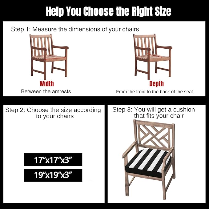 idee-home Outdoor Chair Cushions Set of 2, Thick 19" x 19" x 3" Patio Chair Cushions for Outdoor Furniture Waterproof with Ties, Outdoor Seat Cushion, Patio Chair Pads Dining Chair Black Stripes