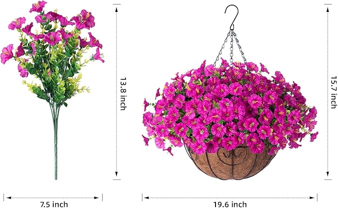 Artificial Faux Hanging Flowers Plants Basket for Outdoors Spring Decoration, UV Resistant Fake Silk Morning Glory in Planter Look Real for Outside Porch Patio Balcony Yard Garden Outdoor Decor