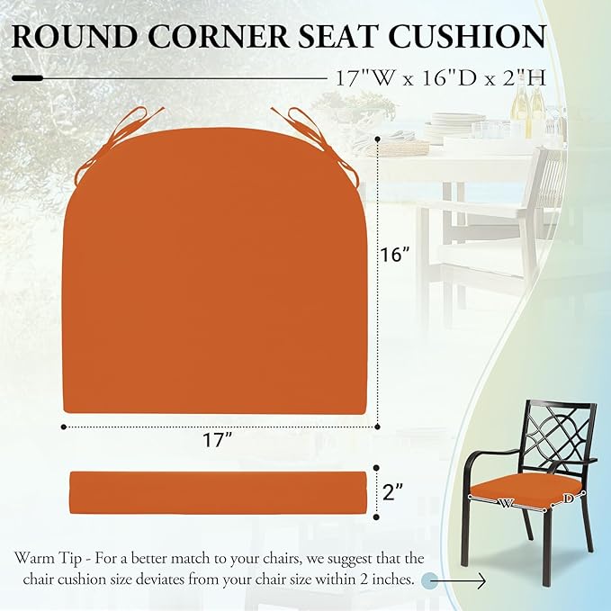 Wellsin Outdoor Chair Cushions for Patio Furniture, 3-Year Color Fastness Patio Chair Cushions Set of 2, Water Resistant Round Corner Outdoor Seat Cushions 17"X16"X2", Orange