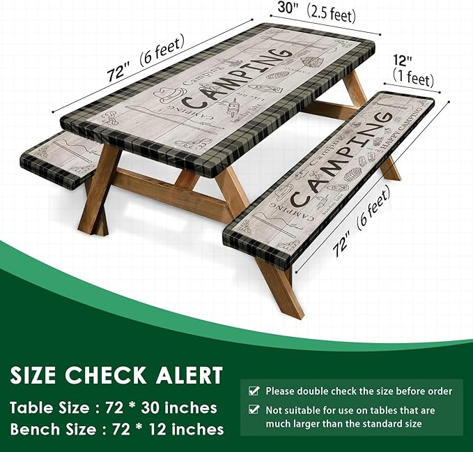 Picnic Table Cover with Bench Covers Elastic Edges, Brown Camper Fitted Table Cover, Outdoor Patio Camping Essentials 72 Inch 3PCS, Waterproof Camping Fitted Tablecloth with Drawstring Bag