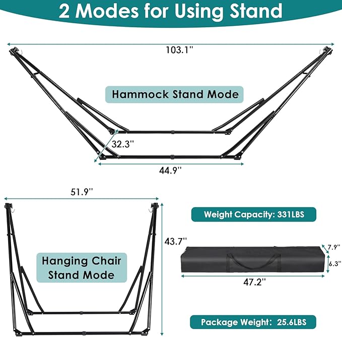 TLSUNNY 3 in 1 Hammock Stand, Outdoor Collapsible Swing Chair, w/Portable Foldable Heavy-Duty Steel Stand Holds up to 350 lbs, Carrying Bag, Thick Durable PU Easy Set Up for Porch,Patio,Garden,Camp