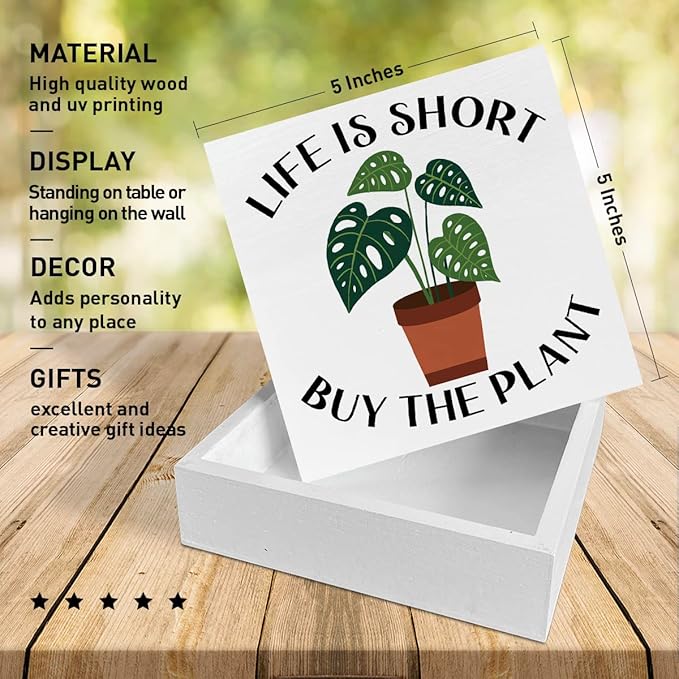 Plant Lover Desk Wooden Box Sign Decor, Life Is Short Buy, Plant Garden Decor Home Office Desk Decoration Gardening Gardener Planter Gifts for Women Men Mom Teens Kids