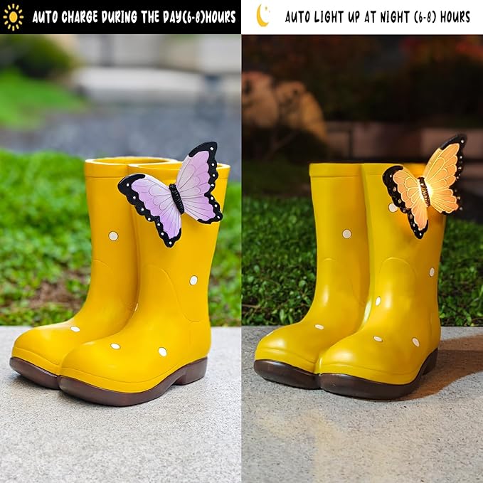 Garden Boots Planter Set with Butterfly Decoration, Outdoor Resin Flower Pot for Patio and Porch, Whimsical Waterproof Gardening Decor, Cute Gardening Gift for Women and Men (yellow)