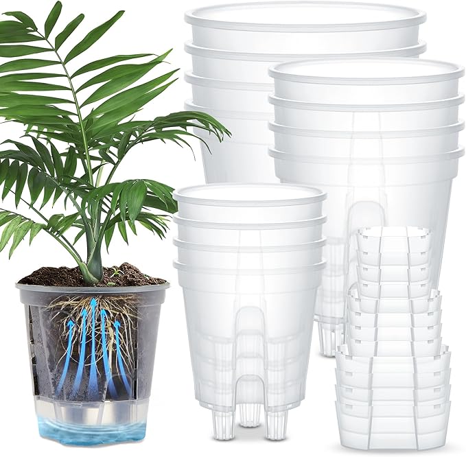 Self Watering Pots for Indoor Plants with Deep Reservoir and High Drainage Holes for Outdoor Plants and Flowers, Bare Root Planter(4.72'', 5.91'', 7.09'',Clear,12 Pcs)