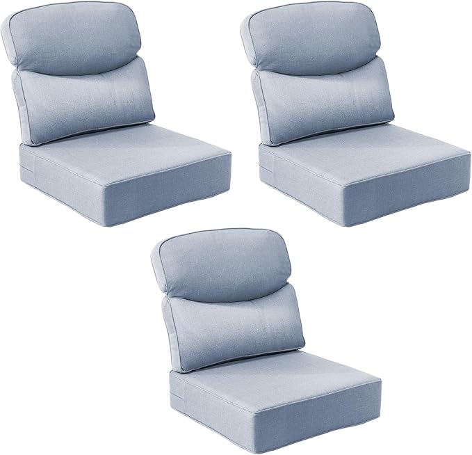 Outdoor Cushion Set for Patio Furniture, UV Resistant, Water Resistant - 6 Inch Thick Dual Layer Back Support Cushions– 24x24 Inch Patio Seat Covers for Chair/Sofa/Couch | Baby Blue | 3-Pack |