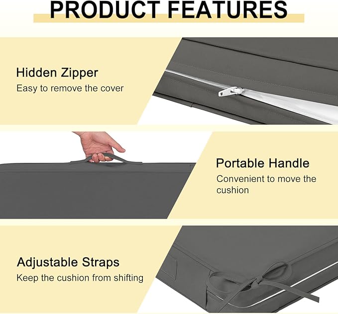 downluxe Waterproof Outdoor Chair Cushions for Patio Furniture, 24" x 24" x 4" Patio Chair Cushion with Non-Slip Ties & Portable Handle, Square Outdoor Cushion with Removable Cover, Dark Grey, 2 Pack