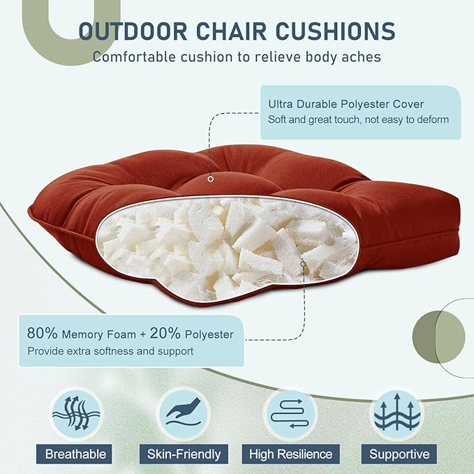 downluxe Outdoor Chair Cushions Set of 2 for Patio Furniture, Waterproof Tufted Overstuffed Patio Furniture Cushions, Thick Outdoor Seat Cushion, 19" X 19" X 5", Brick Red