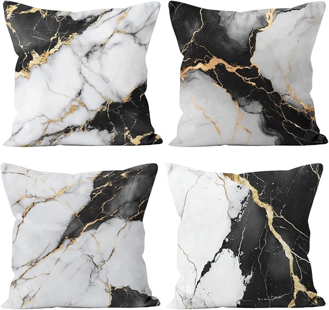 Marble Pillow Covers 18x18 inch Set of 4, White Black Gold Texture Modern Elegant Pillow Covers, Pillowcases Throw Pillow Covers for Sofa Couch Home Decor