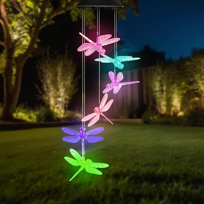 Solar Wind Chimes for Outside,Dragonfly Solar Hanging Lights Outdoor,Dragonfly Gifts for Women,Waterproof Outdoor Solar Powered Lights for Garden Patio Yard Home Decor