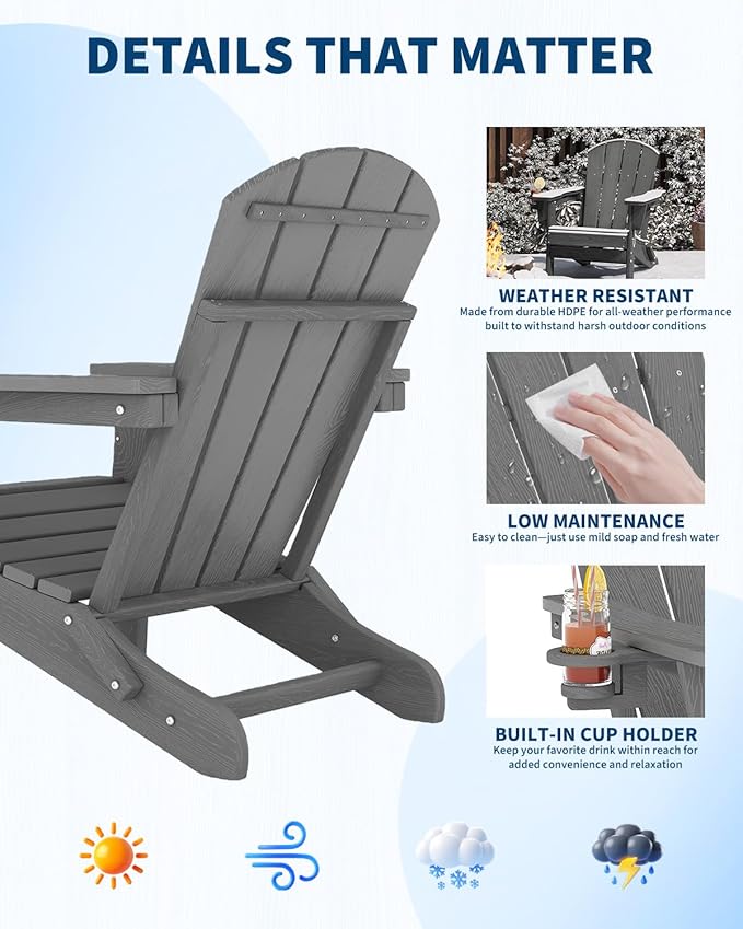 Folding Adirondack Chair Set of 2, All-Weather HDPE Outdoor Chair, Wooden Textured with Cup Holder for patios, Decks, Gardens, fire pits, Grey