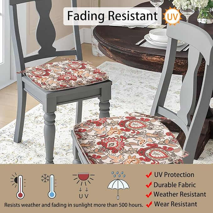 Magpie Fabrics Outdoor/Indoor 17"x16"x2" Chair Cushions with Ties Set of 4, Waterproof All Weather U-Shape Seat Pads Decoration for Patio Garden Furniture Home Office (Botanical Red Orange)