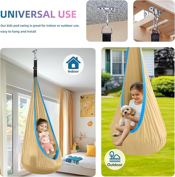 Kids Swing Seat Hammock Chair Indoor Outdoor Hanging Chair for Children,Soft & Safe with High Weight Capacity, Easy Install Perfect for Bedroom, Garden, Playroom (Khaki)