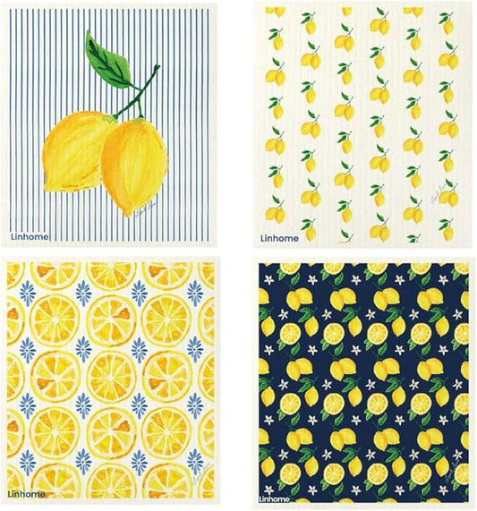 Lemon Collection Swedish Dishcloth, Reusable Paper Towel, Super Absorbent Cellulose Sponge, Kitchen Cleaning Cloth, Washable & Compostable (Lemon Zest - 4 Pack)