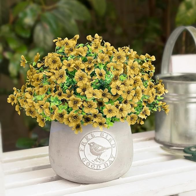 Artificial Flowers Outdoor Faux Plants UV Resistant Fake Patio Flowers Plastic Greenery Plnats Outside Bulk for Spring Garden Hanging Planter Home Vase Decor, 24 Bundles (Yellow)