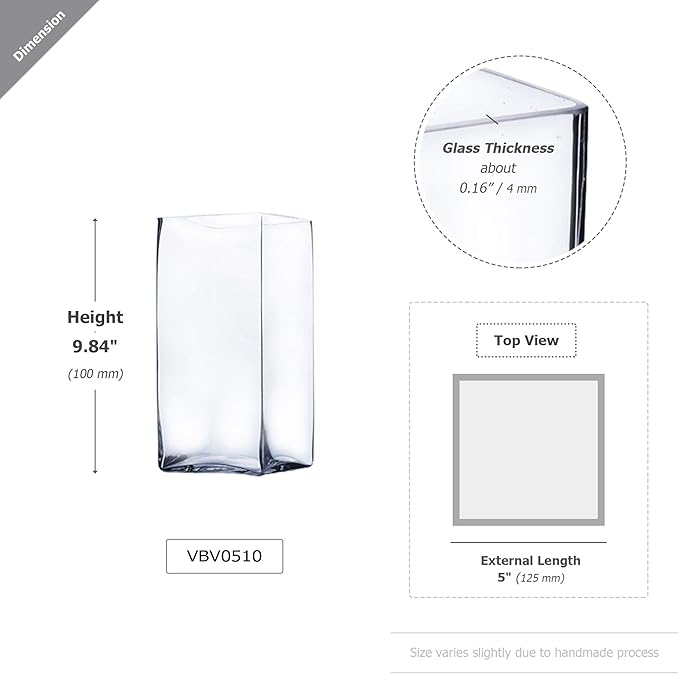 WGV Tall Square Vase Glass Block, Length 5", Height 10", Clear Large Floral Plant Container, Fish Tank, Planter Terrarium for Wedding Party Event, Home Office Decor, 1 Piece