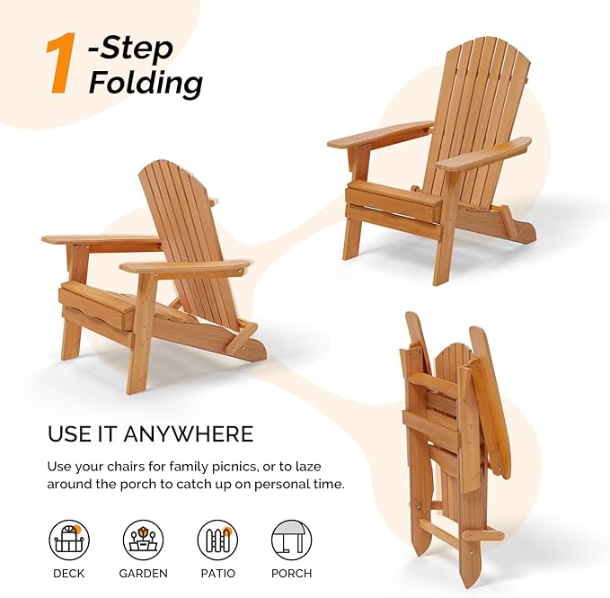 VINGLI Folding Adirondack Chair, Wood Adirondack Chairs for Outdoor, Foldable Fire Pit Chairs for Patio, BBQ, Porch, Yard, Pool
