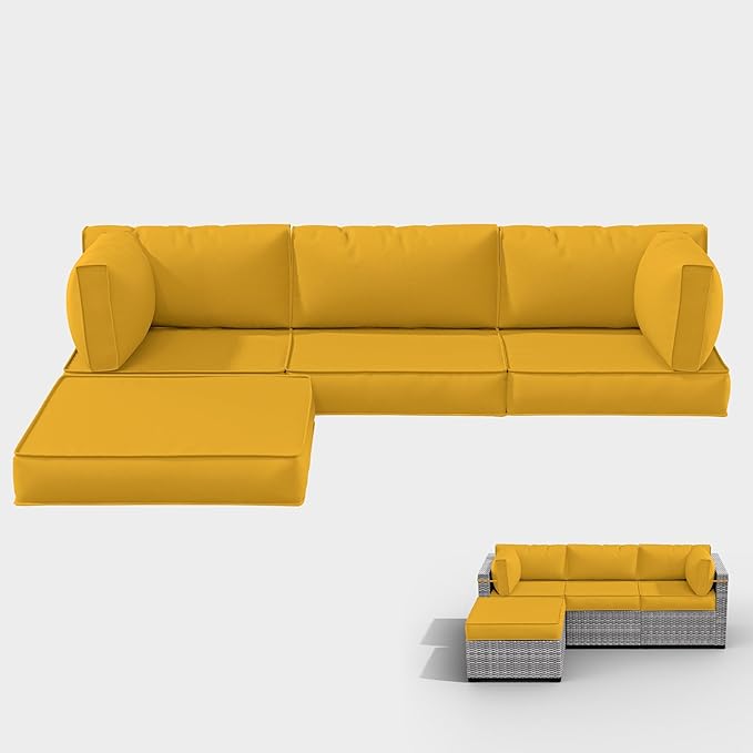Outdoor Cushions for Patio Furniture with 5 Pillows, Waterproof Patio Furniture Cushions Replacement, 4" Deep Seat Outdoor Sectional Cushions for 4-seat Patio Furniture Chair Sofa Couch,Yellow