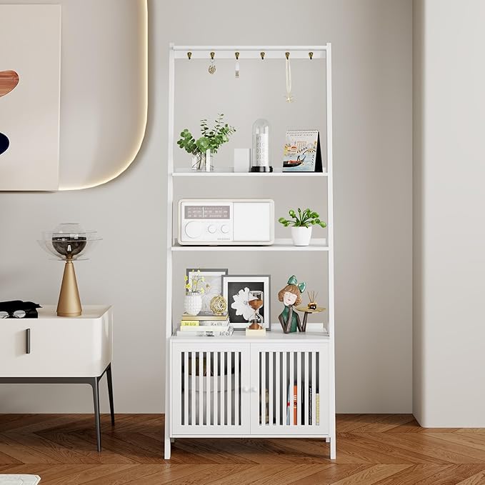 4-Tier Ladder Shelf with Drawers, Ladder Bookshelf with 6 Hooks, Tall Narrow Retro Bookcase, 24.8"L x 10.6"W x 59.5"H, Freestanding Storage Shelf for Living Room, Home Office, Bedroom, White