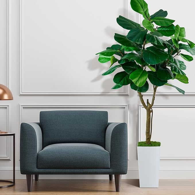 Fiddle Leaf Fig Tree, 6ft Artificial Tree with White Tall Planter, Large Faux Plants Indoor, Fake Fig Tree in Pot for Home Office Bedroom Living Room Decor Garden Outdoor Housewarming Gift