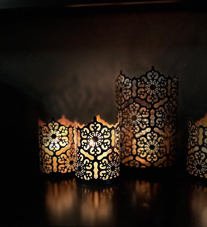 Hosley 7 Inch High Cut Bronze LED Votive Tealight Holder Lantern Intricate Floral Design for Timeless Elegance and Cozy Illumination in Stylish Home D cor Elevate Your Ambiance