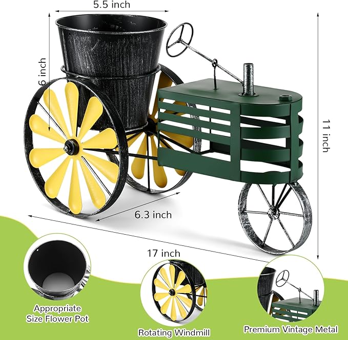 17" x 11" Metal Tractor Windmill Planter Decorative Tractor Flower Planter Outdoor Planters for Garden Backyard Lawn Deck Patio Ornament Decor Gift