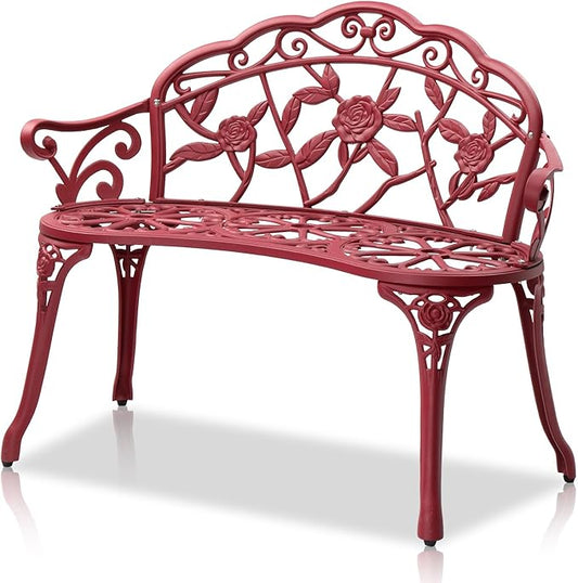 Bonnlo 38.5" Patio Outdoor Bench, Cast Anti-Rust Iron Aluminum Garden Bench with Rose Patten Finish Chair, Entryway Bench 2 Person Seat for Patio, Lawn, Backyard