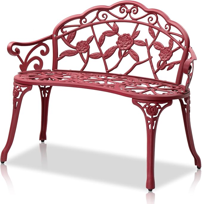 Outvita Outdoor Cast Aluminium Bench - Anti-Rust Weather Resistant Patio Bench, Rose Pattern, 39" H x 59" L x 22" D
