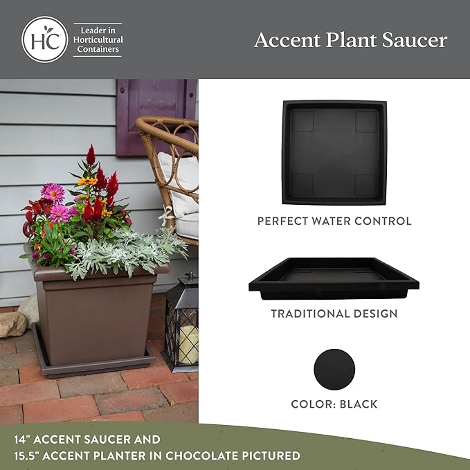 The HC Companies 11 Inch Accent Square Plant Saucer, Lightweight UV-Resistant Plastic Outdoor & Indoor Flower Pot Tray, 2-Pack Plant Pot Trays for Garden & Home Decor, Black