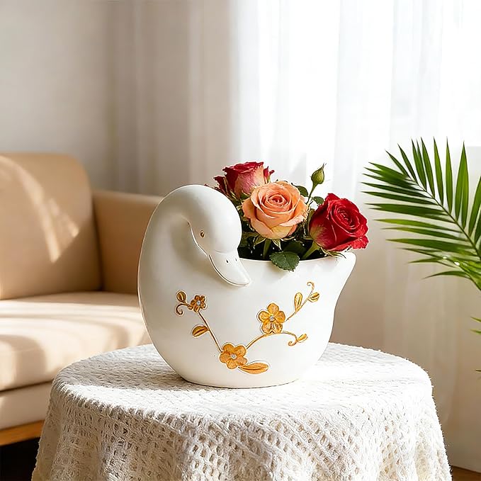 Teaeeno Decorative Garden Swan Planters Succulent Pots Indoor Unique Flower Plant Pots Cement Swan Decor Home Garden Balcony Decor (Whiter)