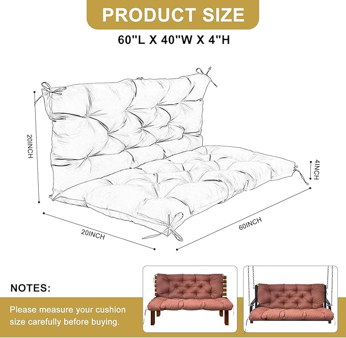 60" Porch Swing Cushion with Backrest, Waterproof Outdoor Bench Swing Cushions 3 Seater Replacement Thickened Swing Cushions with Ties for Patio Garden Backyard,Coffee,60x40in
