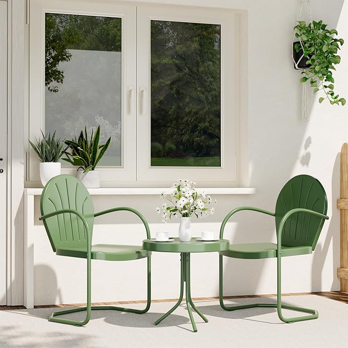 Patio Bistro Set Retro Metal Outdoor Seating Set Conversation Set 3 Pieces, 2 C-Spring Motion Armchairs and Round Side Table, for Porch, Lawn, Garden (Green)