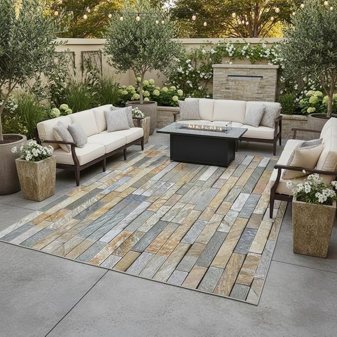 Modern Abstract Beige Brown Grey Stone Brick Texture Outdoor Waterproof Area Rug for Patio Porch Garden Camping Rustic Farmhouse Outside Rugs Washable Carpet 2x3 Balcony Front Yard Deck No Slip Mat