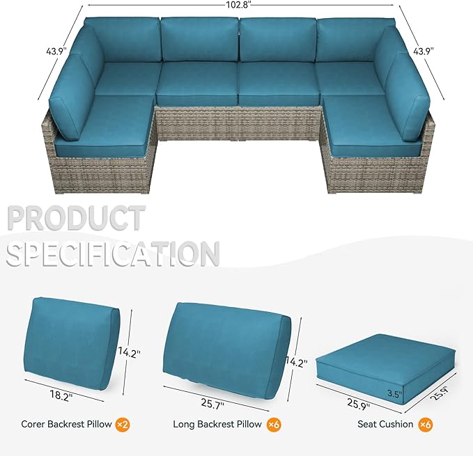 Patio Cushions for Outdoor Furniture,Water-Resistant Outdoor Cushions for 6 Seat Outdoor Sectinal,25.3"×25.3" Deep Seat Sofa Cushions, 14-Piece Outdoor Couch Cushions,Peacock Blue