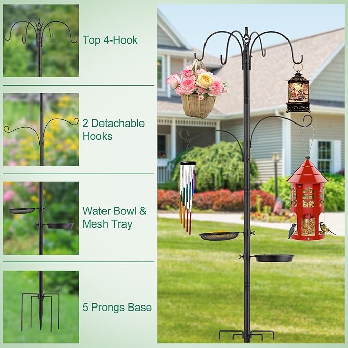 6-Hook Bird Feeding Station Kit,103 Inch Heavy Duty Shepherds Hooks for Outdoor,Adjustable Height Bird Feeder Pole with Mental Tray and Water Bowl,Attracting Wildbirds
