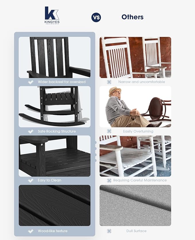 KINGYES Outdoor Rocking Chair, All-Weather Patio Rocking Chairs for Porch, HDPE Rocking Outdoor Chairs with High Back for Adult, Heavy Duty Outdoor Patio Rockers for Garden, Lawn, Black