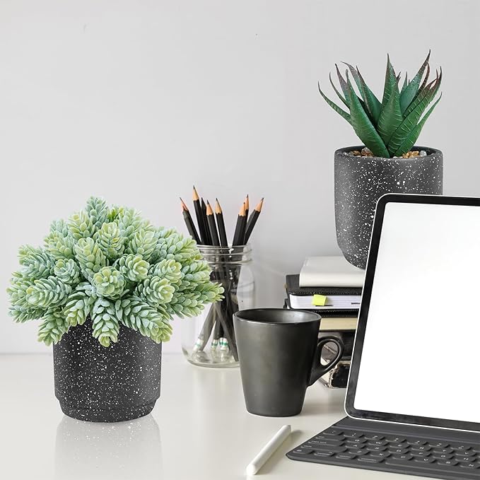 Winlyn 3-Pack Artificial Potted Succulent Plants - Aloe, Hops, String of Pearls - Realistic Faux Plants in Black Cement Pots - Modern/Contemporary Style - Ideal for Home Office Bathroom Indoor Decor