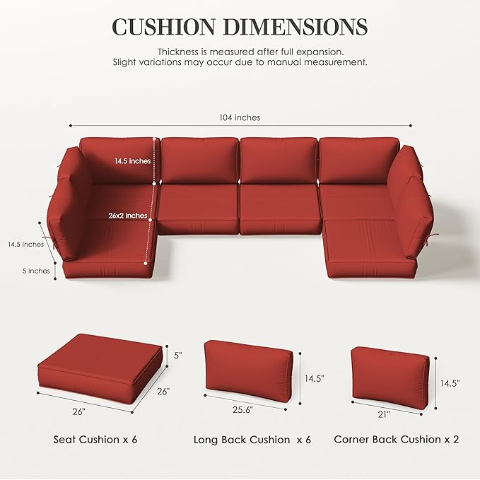 Outdoor Replacement Cushions for Patio Furniture, 5" Foam High-Density, 14-Piece Water-Resistant Outdoor Cushion for 6-Seat Sectional Patio Conversation Sets, Liner&Cover