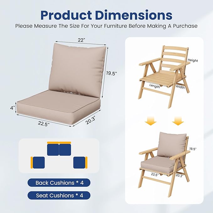 UDPATIO Outdoor Cushions for Patio Furniture Set of 4, Replacement Cushions for Outdoor Furniture, Water-Resistant Outdoor Sectional Cushions for Sofa Couch Chair, Beige