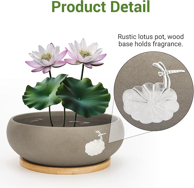 Ceramic Planters with Wooden Tray: 7" Hydroponic Lotus Bowl Planter for Water Lilies | Nature-Inspired Carvings Indoor/Outdoor Decorative Pot | Elegant Aquatic Garden Centerpiece