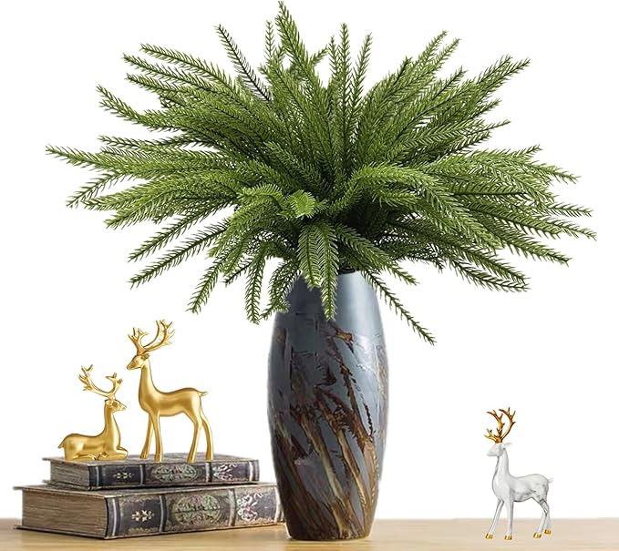 Artificial Norfolk Pine Branches Fake Greenery Realistic Plant Stems 18 Inch, Faux Pine Picks Real Touch Plastic Shrubs for Home Decor Vase Filler Indoor Outdoor Wreath DIY Christmas Decoration 4 Pack