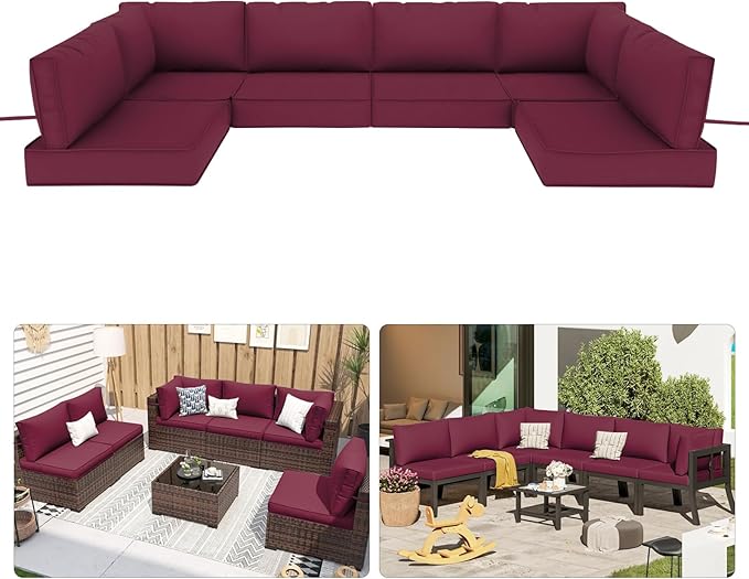 Patio Sectional Cushions, 14-Piece Replacement Cushions for Outdoor Furniture, Water-Resistant Outdoor Sofa Cushion for 6-Seat Rattan Wicker Sectional Conversation Sets (Wine Red)